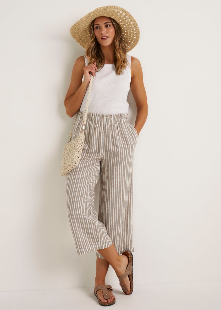 Beige Stripe Linen Blend Wide Leg Cropped Trousers