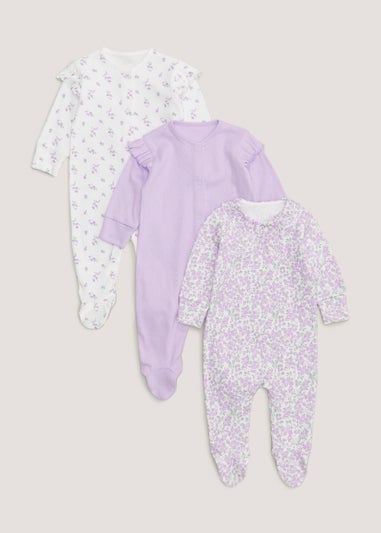 Baby 3 Pack Lilac Floral Sleepsuits (Tiny Baby-18mths)