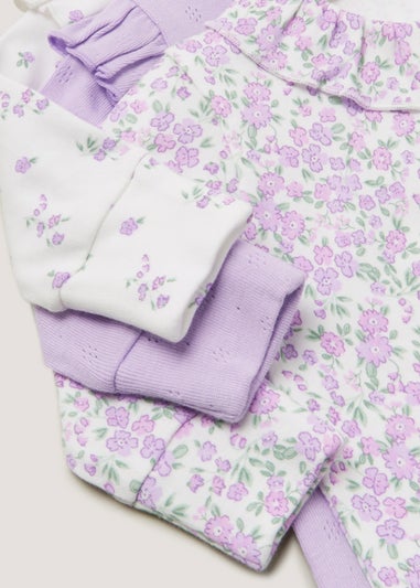 Baby 3 Pack Lilac Floral Sleepsuits (Tiny Baby-18mths)