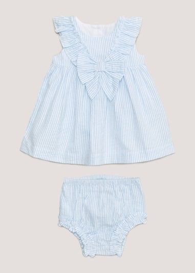 Baby Blue Stripe Bow Dress & Knickers Set (Newborn-23mths)