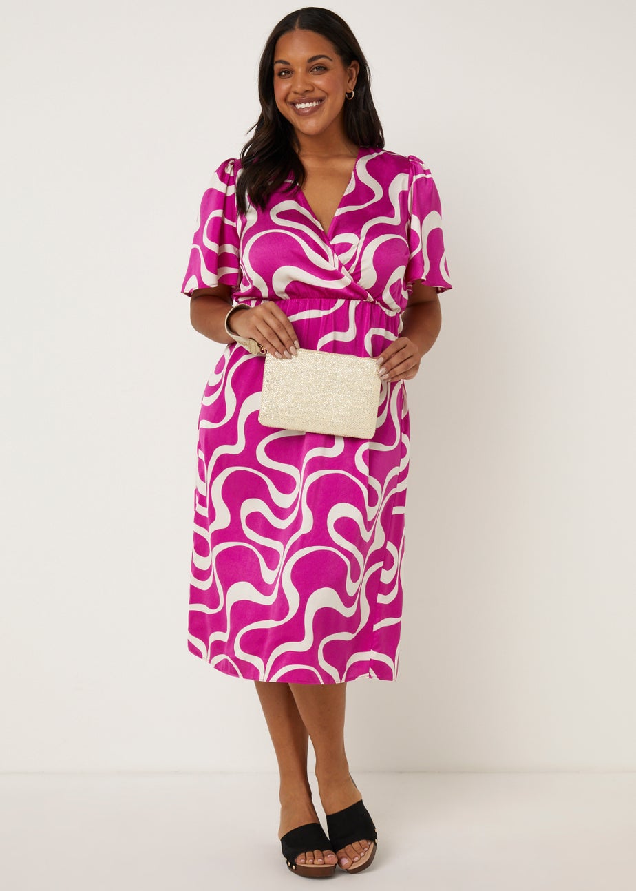 Papaya Curve Pink Swirl Print Satin Wrap Dress