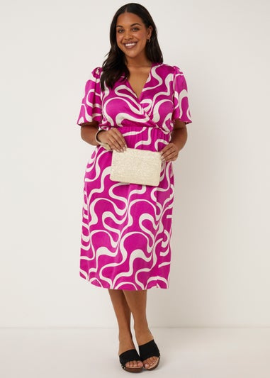 Papaya Curve Pink Swirl Print Satin Wrap Dress