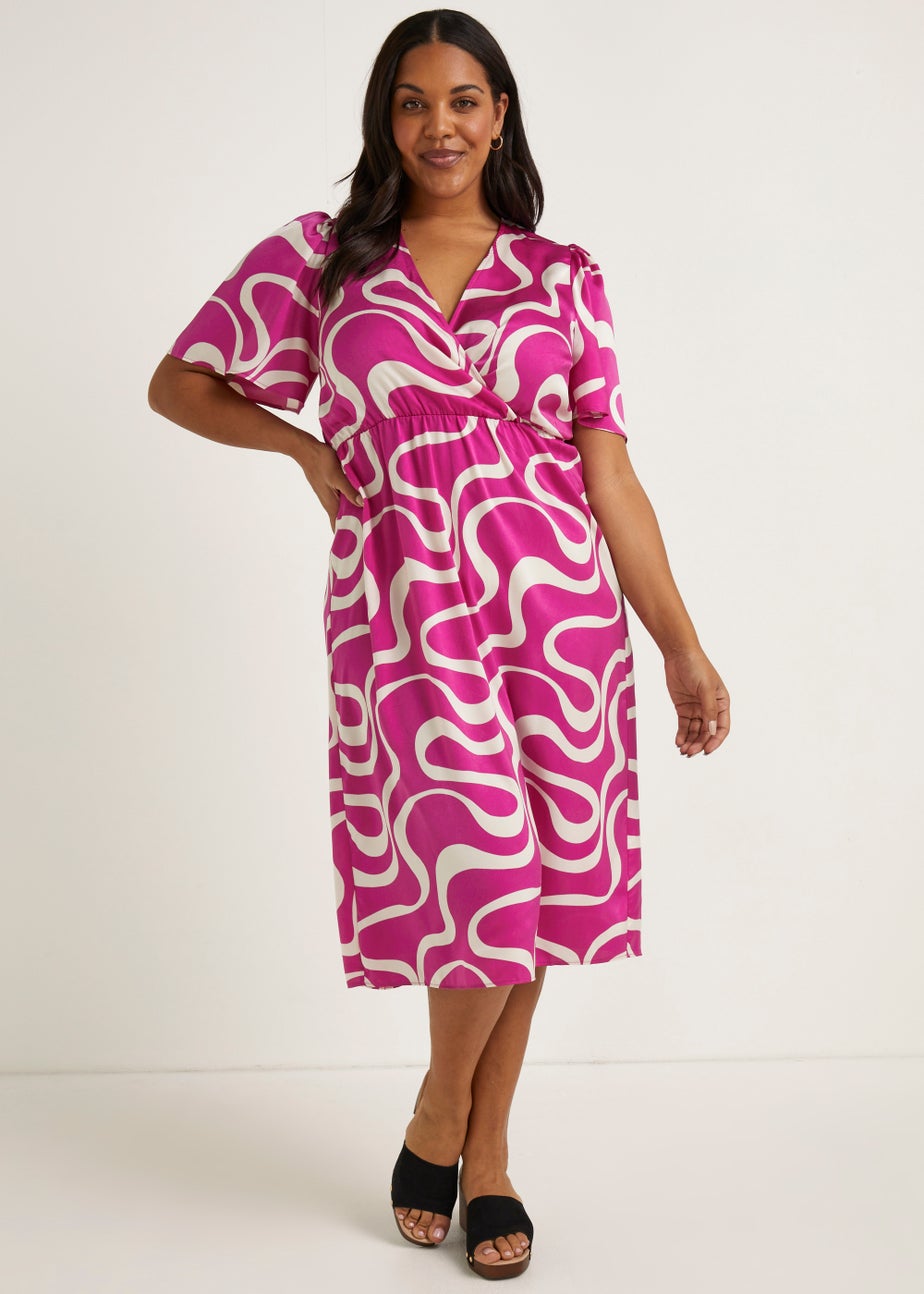 Papaya Curve Pink Swirl Print Satin Wrap Dress