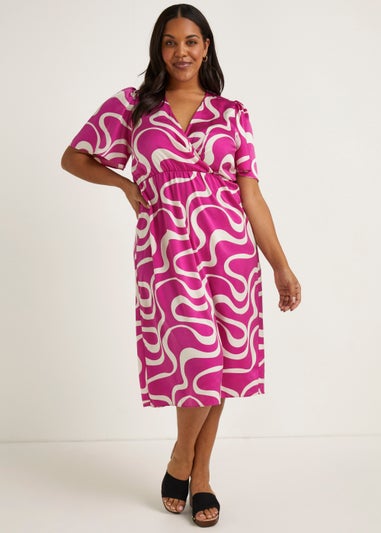 Papaya Curve Pink Swirl Print Satin Wrap Dress