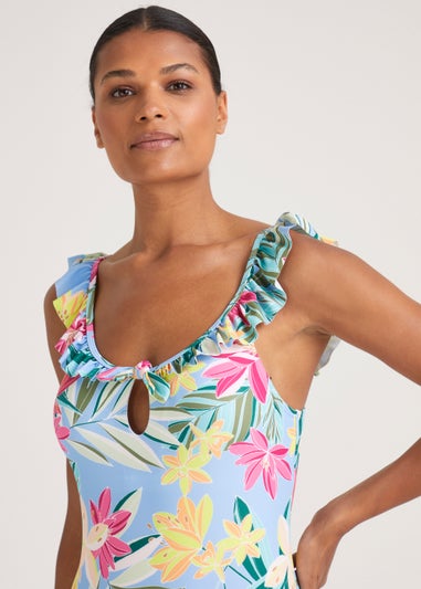 Blue Tropical Floral Frill Swimming Costume
