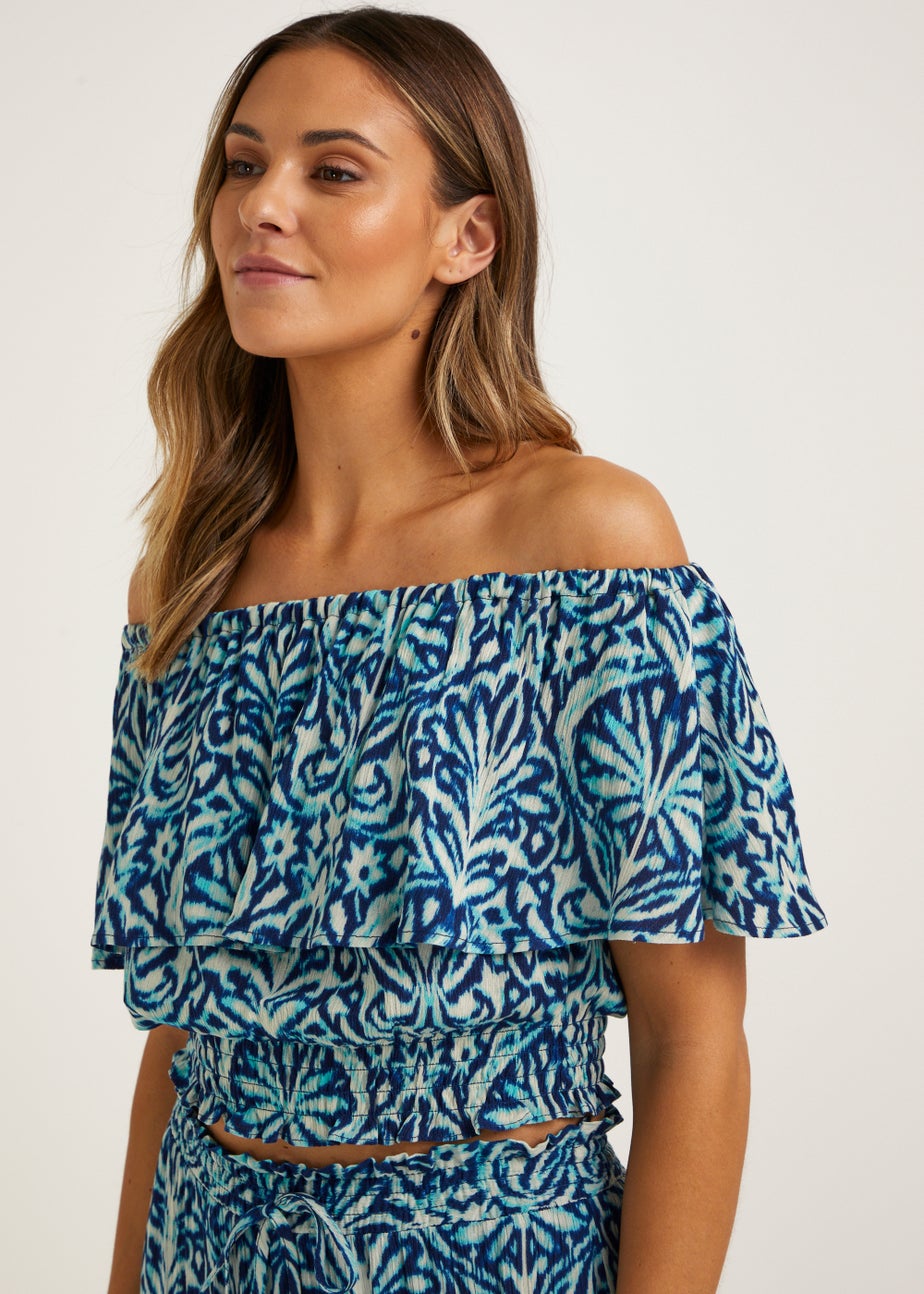 Blue Damask Bardot Co-Ord Crop Top