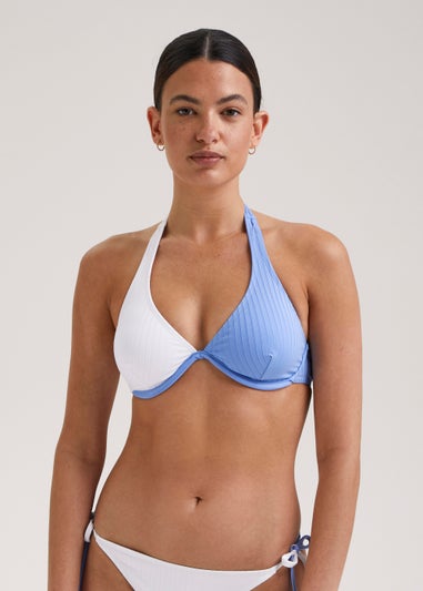 Blue & White Colour Block Tie Side Bikini Bottoms