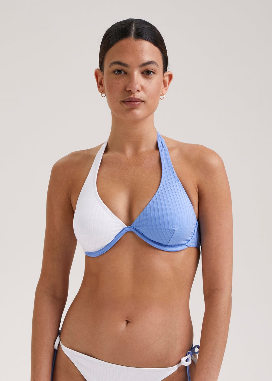 Blue & White Colour Block Tie Side Bikini Bottoms