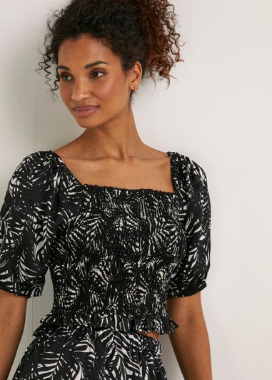 Black Palm Print Satin Co-Ord Top
