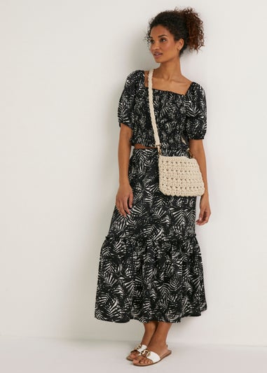 Black Palm Print Satin Co-Ord Top