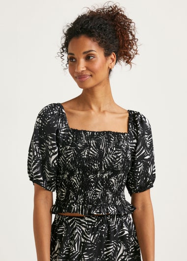 Black Palm Print Satin Co-Ord Top
