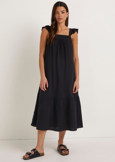 Black Double Cloth Frill Dress
