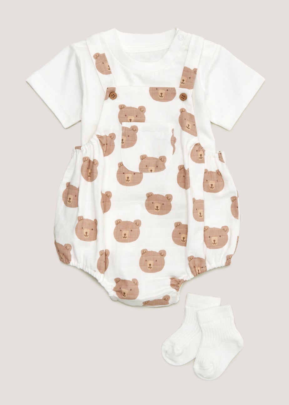 Baby Cream Bear Romper T-Shirt Socks Set (Newborn-23mths) Matalan