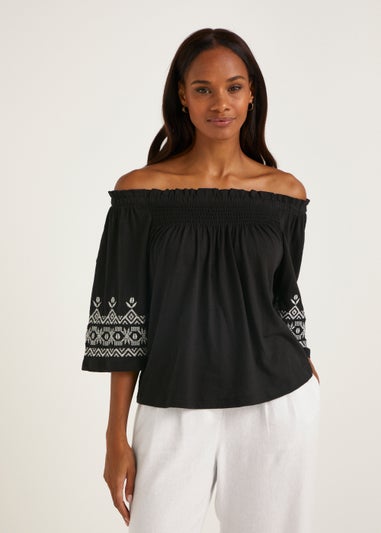 Black Embroidered Bardot Top