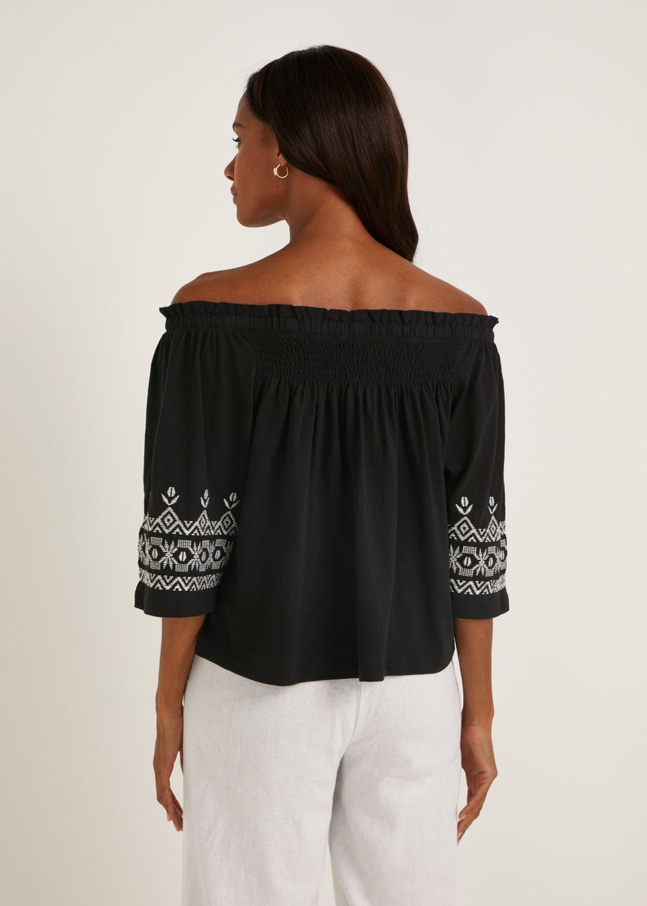 Black Embroidered Bardot Top