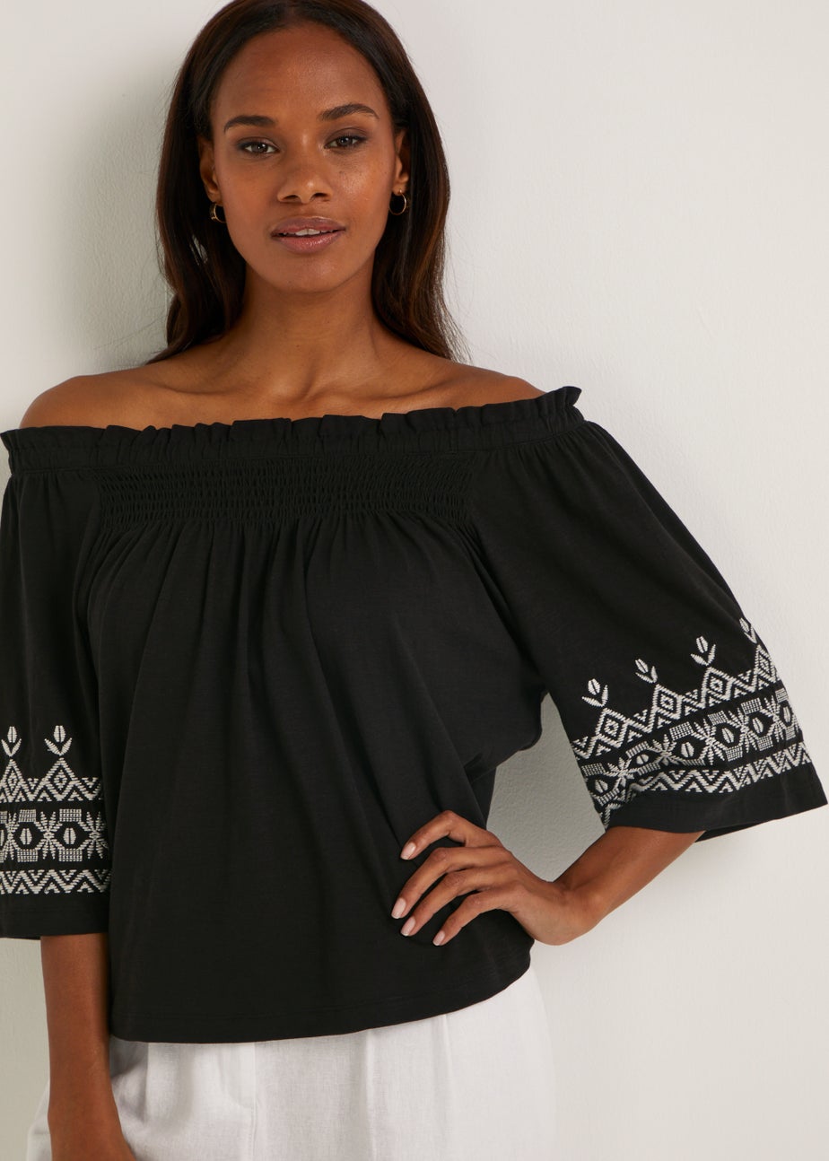 Black Embroidered Bardot Top