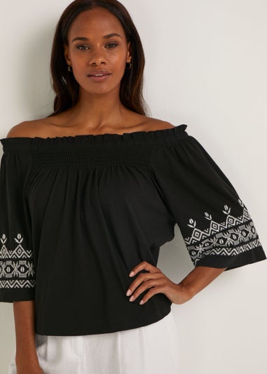 Black Embroidered Bardot Top