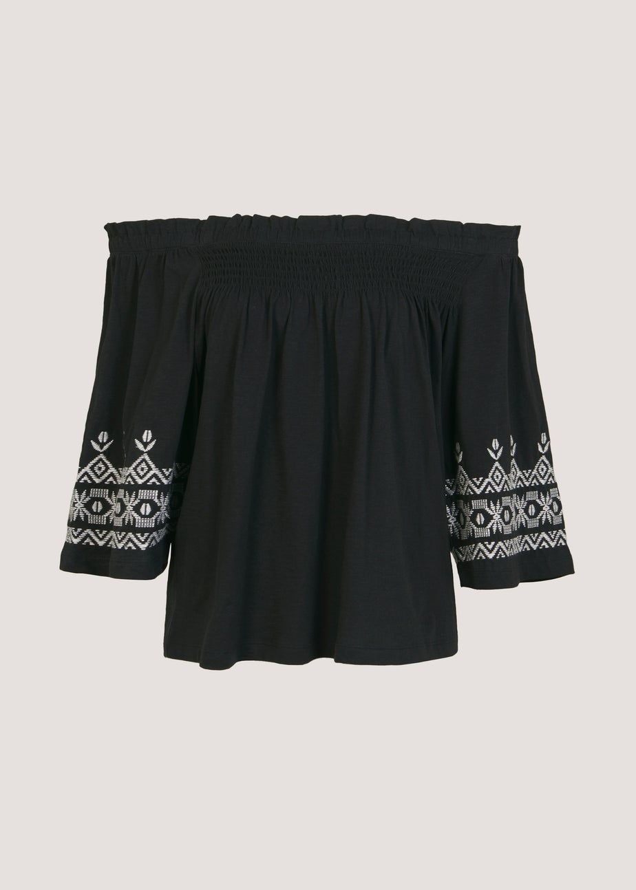 Black Embroidered Bardot Top