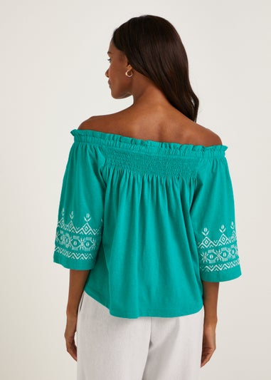 Green Embroidered Bardot Top