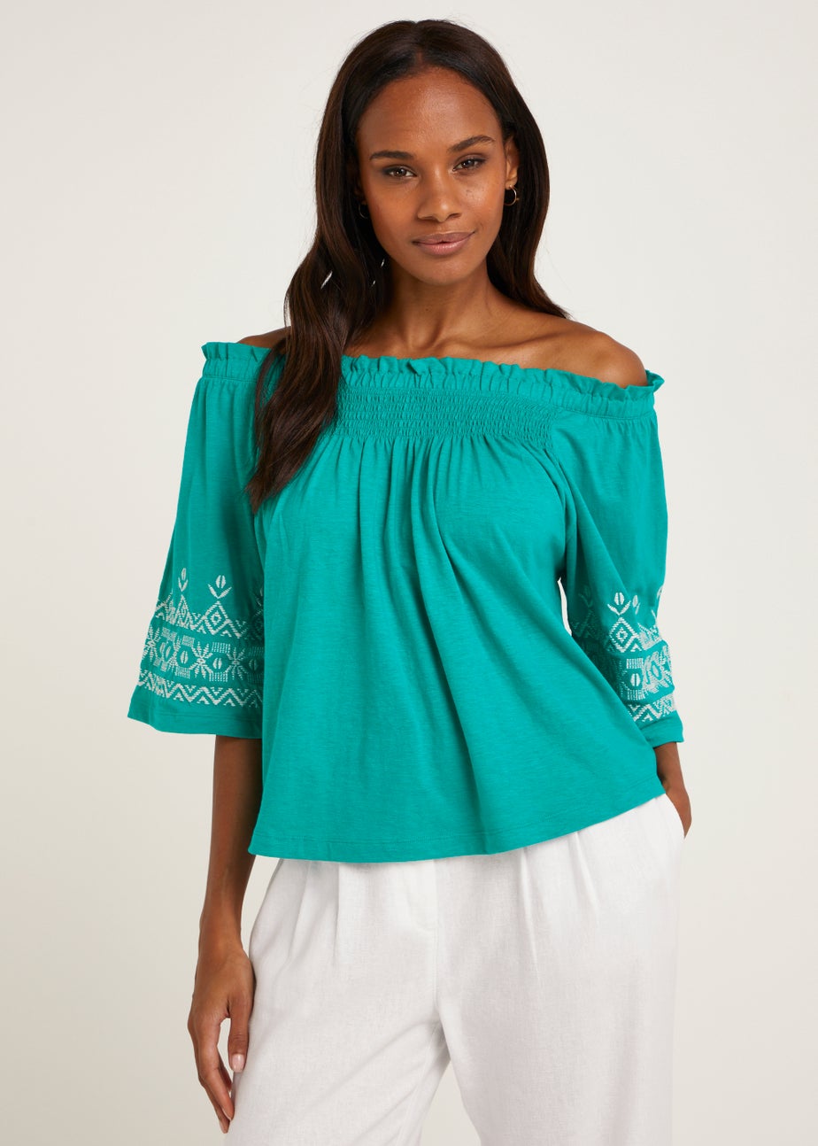 Green Embroidered Bardot Top