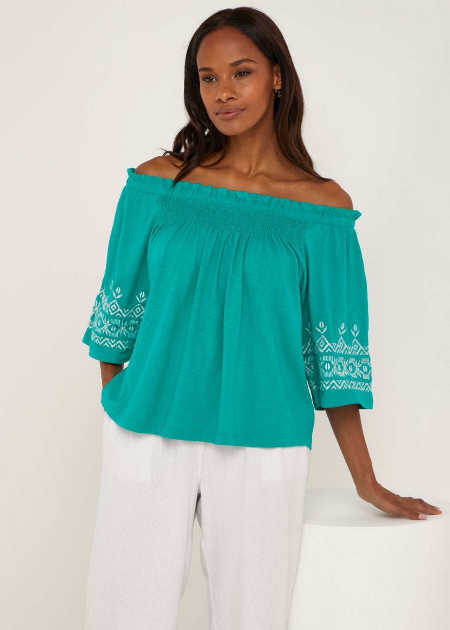Green Embroidered Bardot Top