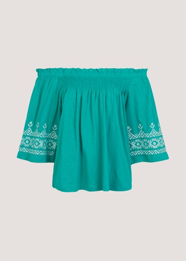 Green Embroidered Bardot Top