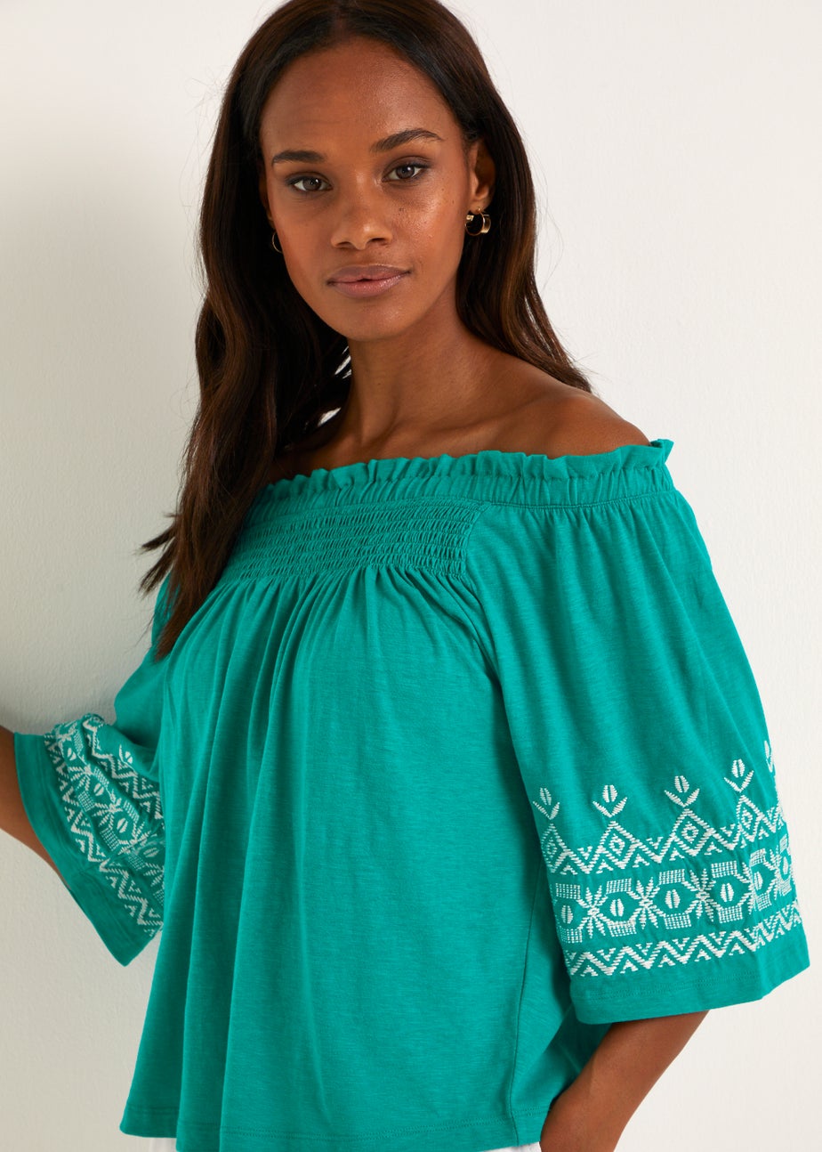Green Embroidered Bardot Top