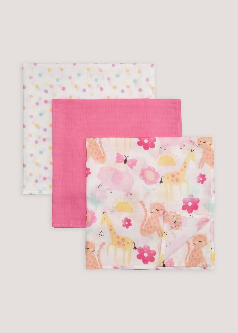 3 Pack Pink Safari Muslin Cloths (71cm x 71cm)