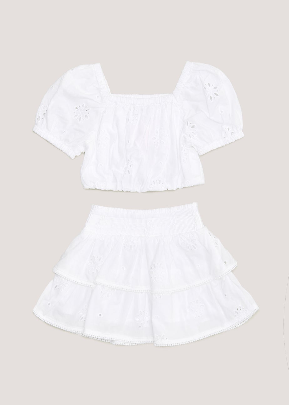 Girls White Broderie Co Ord Top & Skirt Set (4-13yrs)