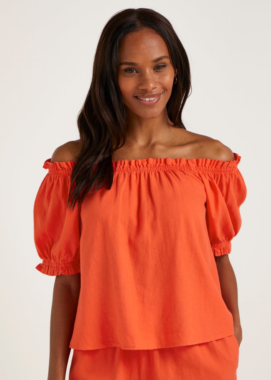 Coral Linen Blend Bardot Top