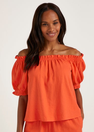 Coral Linen Blend Bardot Top
