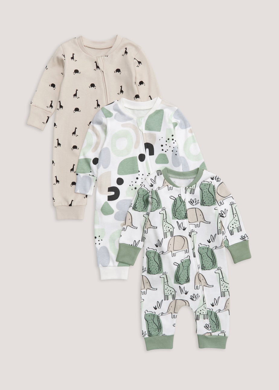 Baby 3 Pack Neutral Footless Zip Up Sleepsuits (Tiny Baby-18mths)