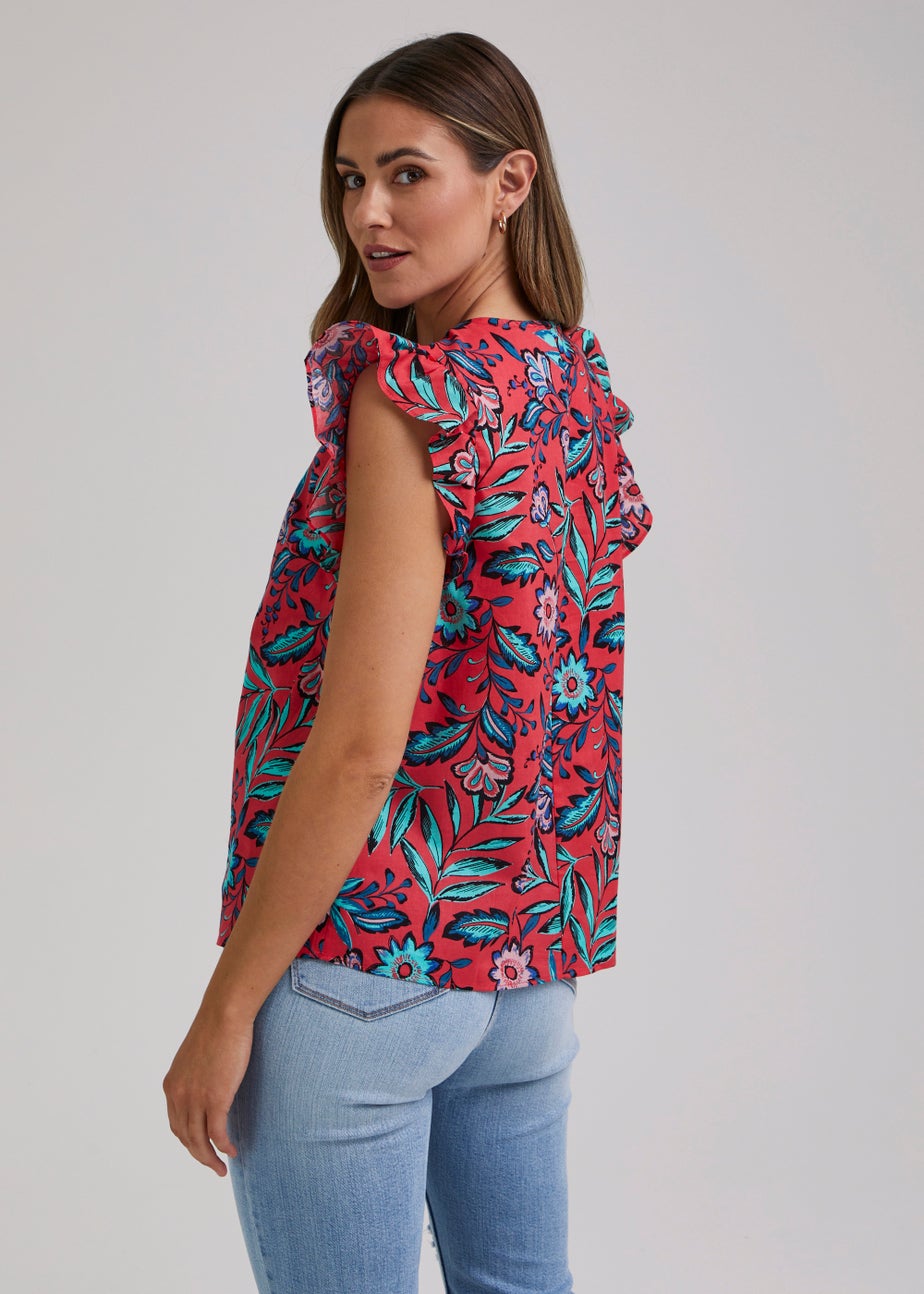 Red Leaf Print Frill Top