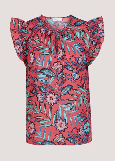 Red Leaf Print Frill Top