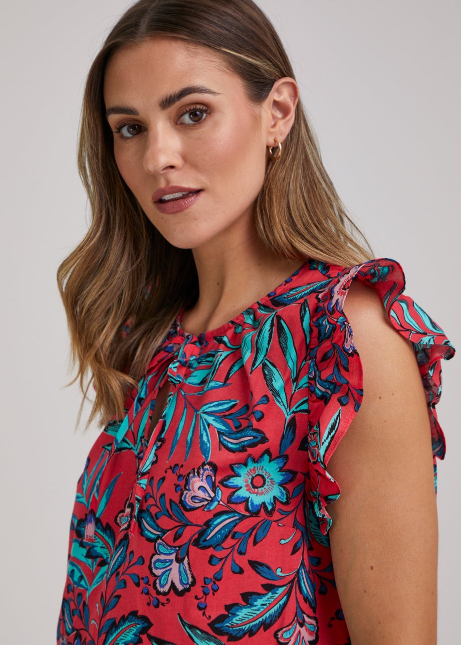 Red Leaf Print Frill Top