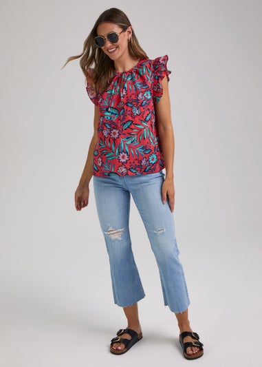 Red Leaf Print Frill Top