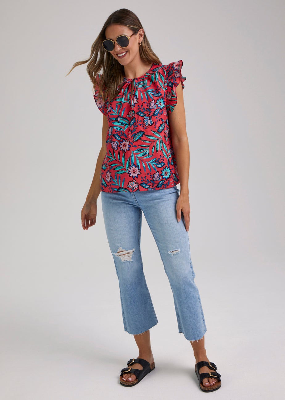 Red Leaf Print Frill Top