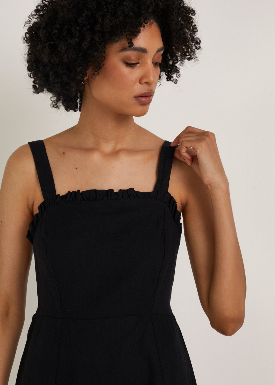 Black Linen Blend Shirred Mini Dress