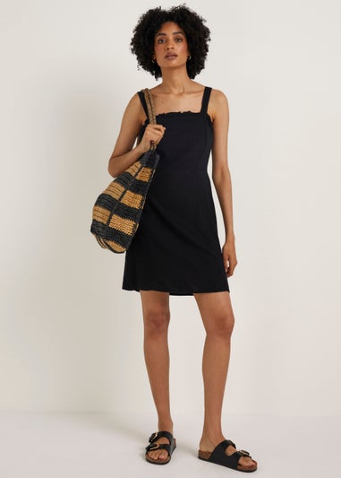 Black Linen Blend Shirred Mini Dress
