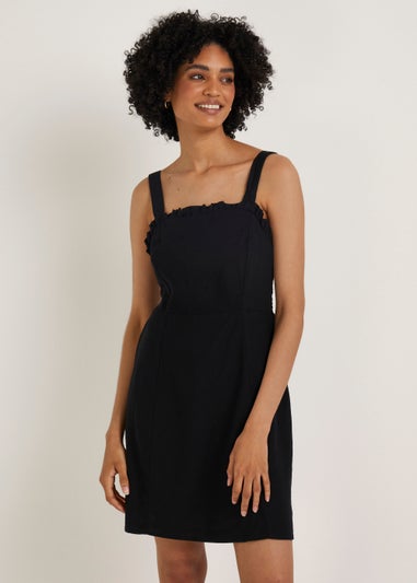Black Linen Blend Shirred Mini Dress