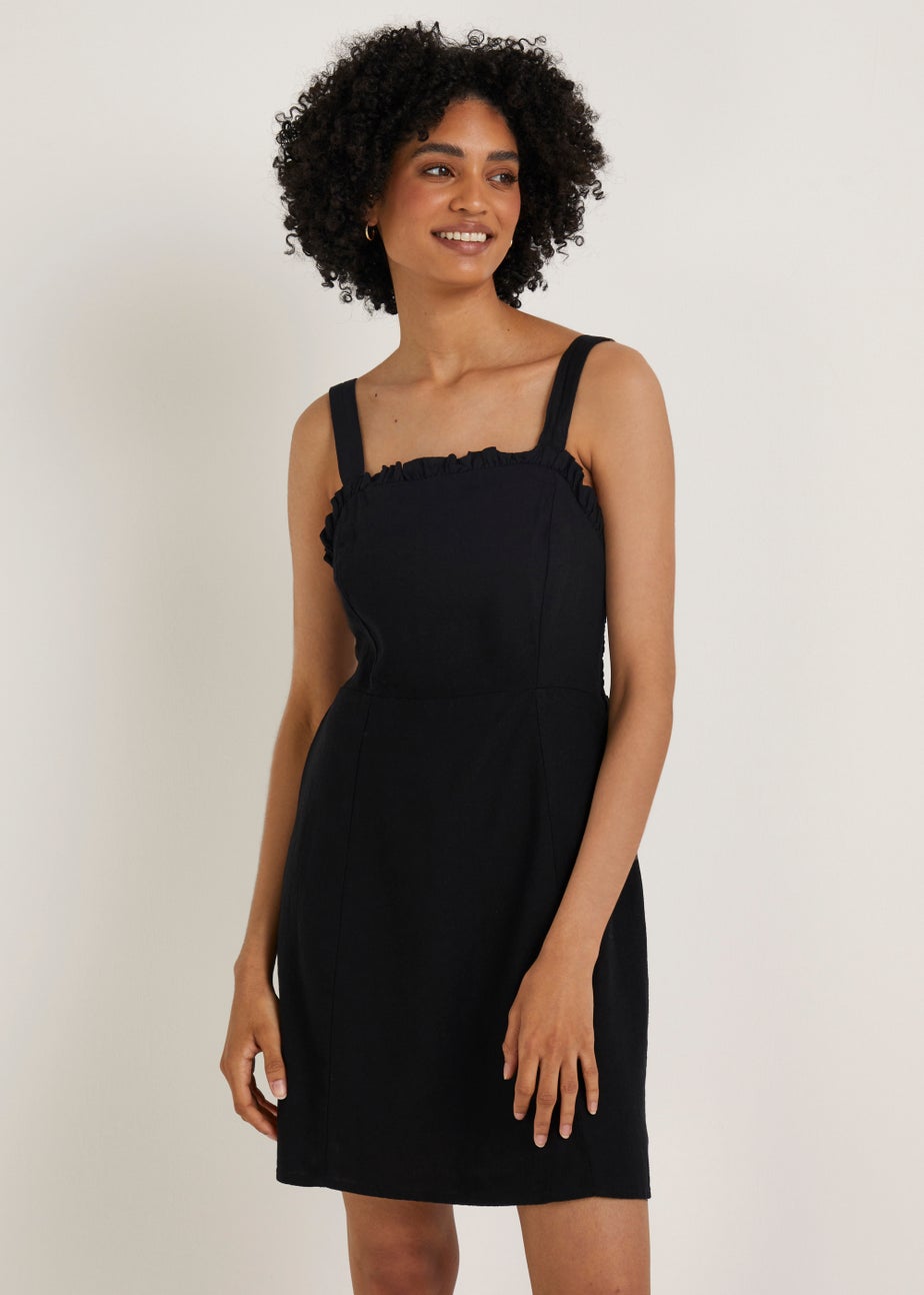 Black Linen Blend Shirred Mini Dress
