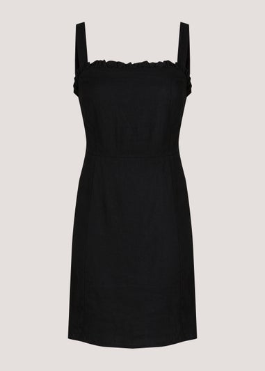 Black Linen Blend Shirred Mini Dress