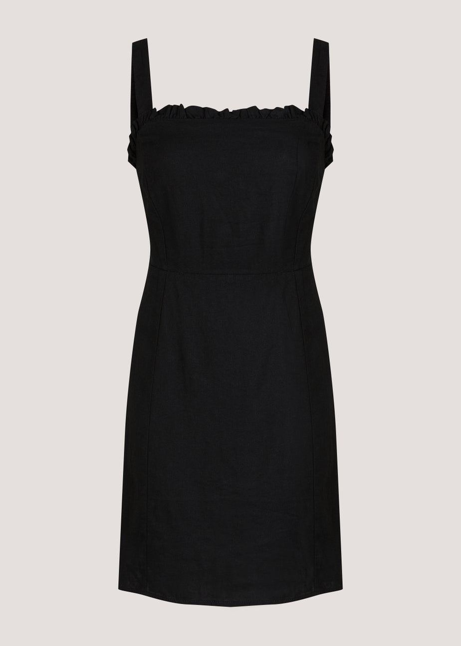 Black Linen Blend Shirred Mini Dress