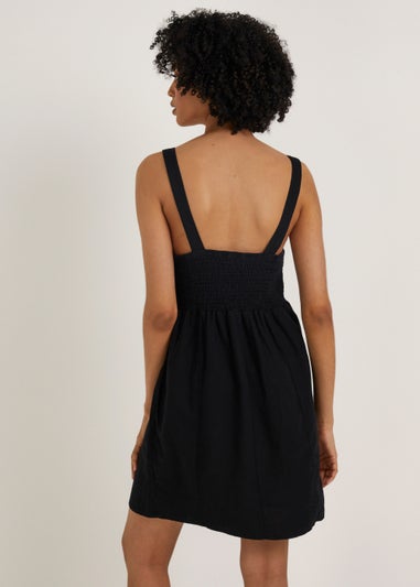 Black Linen Blend Shirred Mini Dress