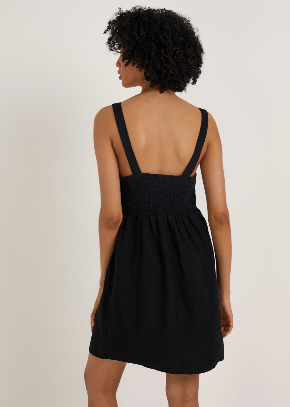 Black Linen Blend Shirred Mini Dress