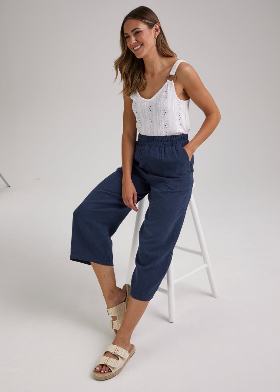 Navy Double Cloth Cropped Trousers