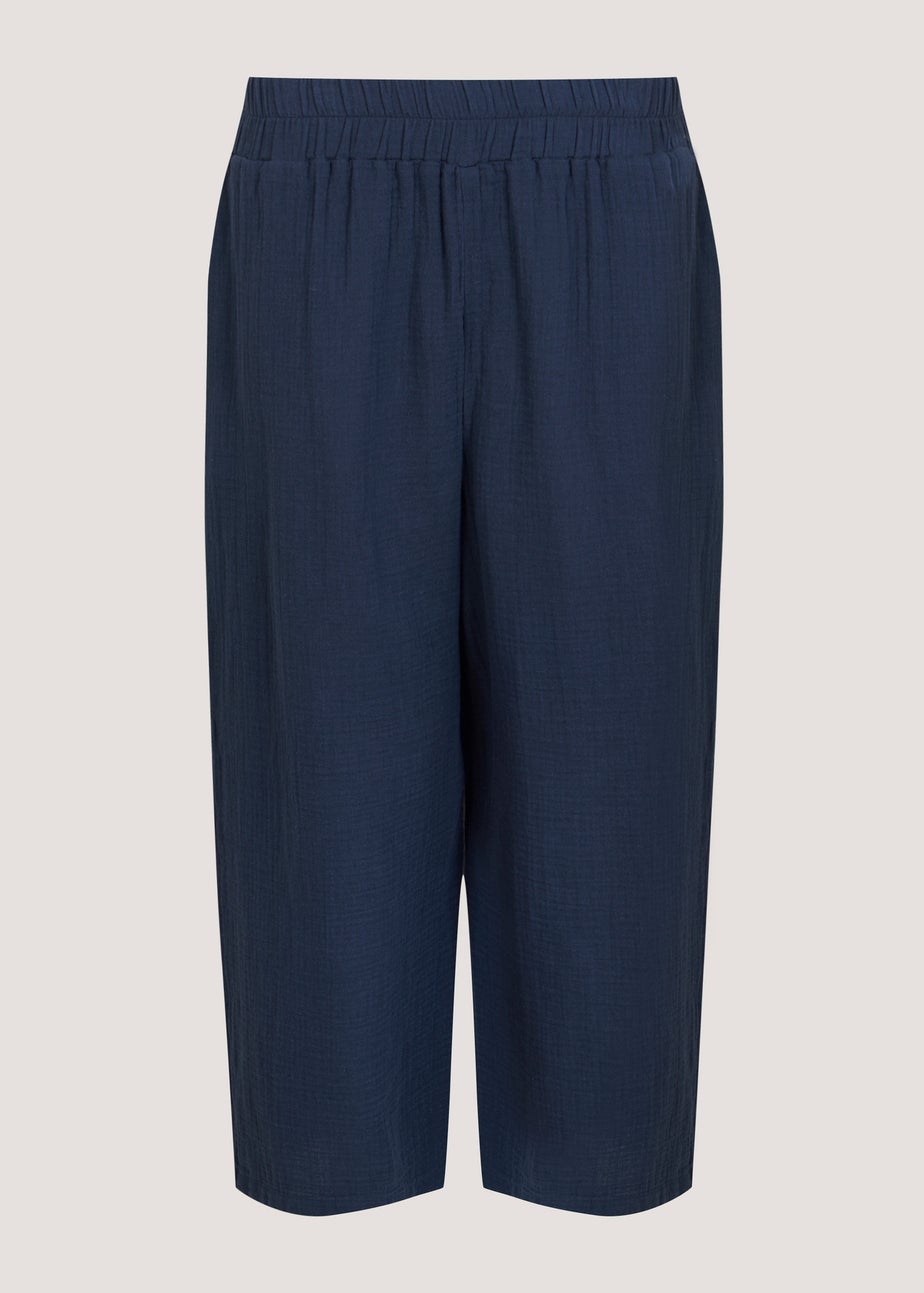 Navy Double Cloth Cropped Trousers