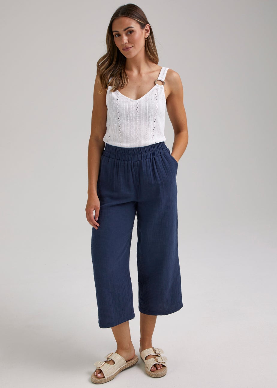 Navy Double Cloth Cropped Trousers