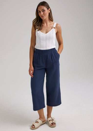 Navy Double Cloth Cropped Trousers