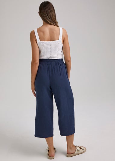 Navy Double Cloth Cropped Trousers